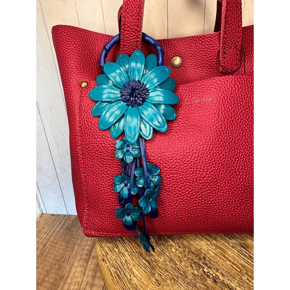 Leather Flower Purse Charm Genuine Leather Bright Blue Sunflower Blue Bag Charm
